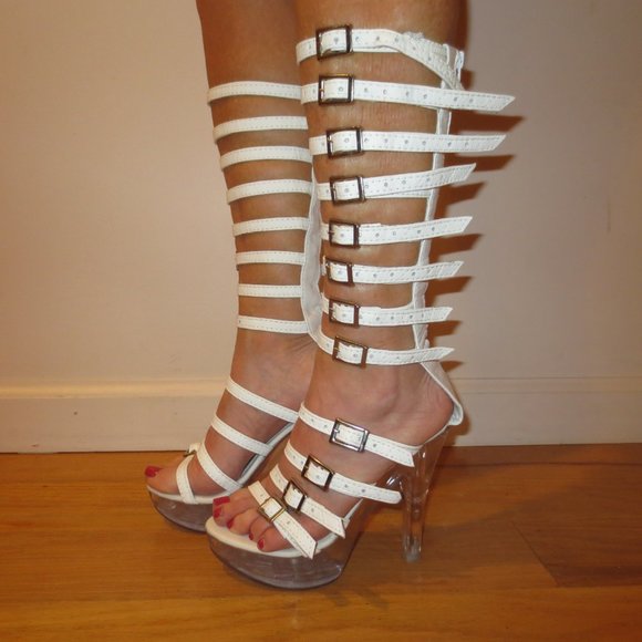 NIB Custom Made Leg Strapped White Leather High Heel Platform Sandals - Picture 4 of 15